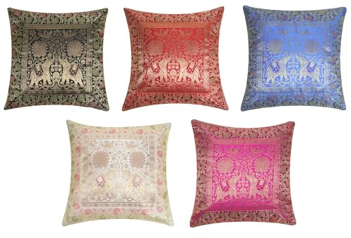 RAJRANG BRINGING RAJASTHAN TO YOU Seidenkissenbezüge 16x16 Zoll indische ethnische böhmische Kissen Home Decor Kantha Elephant Dekorative Fälle von 5