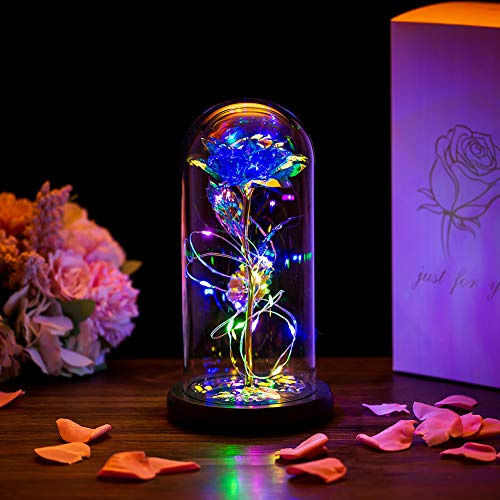 Glasseam Die Schöne Und Das Biest Rose In Glaskuppel LED-Lichter Kristallrose Blumen Geschenk Zum Geburtstag Jubiläum Valentinstag Hochzeit Freundin Frau Frauen (Blau)