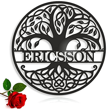 FranJohnsonHouse Personalisiertes Lebensbaum-Schild mit Familiennamen | Wählbar aus Metall, Holz oder Acryl, mit Aufhängelöchern und 30 cm oder 40 cm Durchmesser (Design 2)