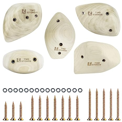 TWO STONES Wooden Rock Climbing Holds for Adults | Wood Rock Wall Climbing Holds for Gyms | Variety Screw On Climbing Hand Holds Set with Mounting Hardware