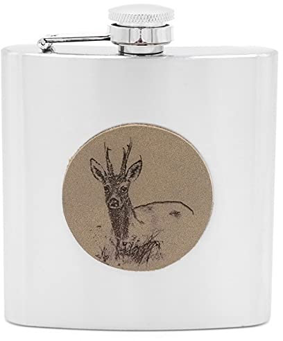 Flachmann mit Leder Emblem Motiv Rehbock Schnapsflasche Füllmenge 6 OZ / 177 ml