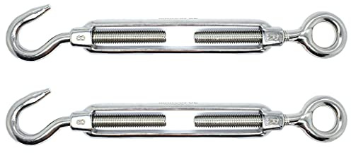 M10 x 150mm Eye & Hook Turnbuckles Wire Tensioner Strainer Open Closed Hook Threaded Hook A4 Marine Grade Stainless Steel (Pack of 2)