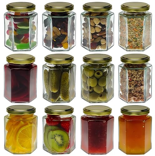 COS Glass Hexagonal Jam Jar 190ml With Gold Lids - Pack Of 12