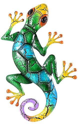 Metal Gecko Wall Art Outdoor Handmade Glass Garden Decoration for Patio or Frog King Gargoyle (Green, 43*27cm)