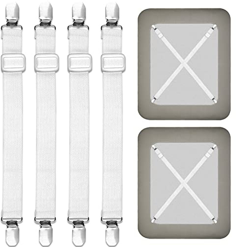 Funklu Bettlakenspanner Verstellbar, 4 Stück Lakenspanner für Faltenfreie Bettlaken, Elastische Betttuch Spanner mit Metallclip, für Bettlaken, Matratze, Bügelbrett Oder Sofa