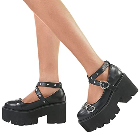 Minetom Damen Platform Mary Janes Schuhe Gothic Plateau Pumps Schuhe Chunky Plateauschuhe Lackleder Schuhe Japanische Süße Prinzessin Schuhe F Schwarz 41 EU