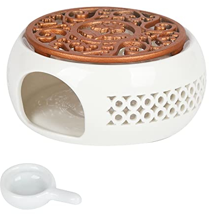 Teapot Warmer Ceramic,Tea Light Warmer, White Round Teapot Stove Heater Base with Spoon and Stove Mat, Porcelain Tealight Heater Tealight Heater Without Electricity for Glass Teapot, Cafe, Tea, Milk