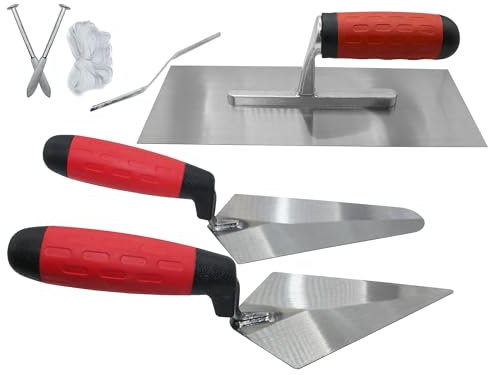 New Heat-Treated Carbon Steel Blades Trowel Set Hand Brick Plastering Builders Soft Grip Handle with line pins with Brick line 7pcs