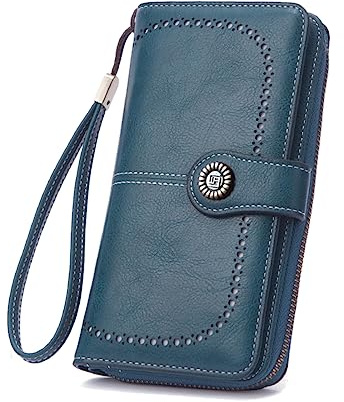 Aileese Womens Wallet Large Capacity RFID Blocking Soft Leather Zip Around Credit Card Multiple card positions Holder Phone Wristlet Clutch Blue