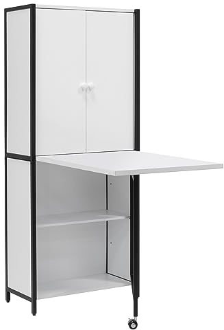 Sew Ready Folding Craft Armoire Cabinet, 59 Tall Multipurpose Workstation with Drop-Leaf Table and Powder-Coated Steel Frame, Charcoal/White