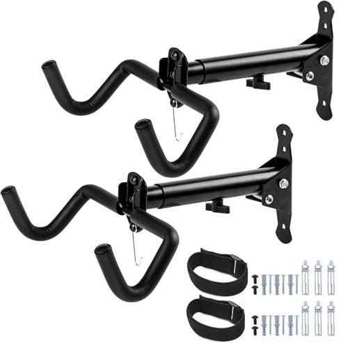 Cyfie Bike Wall Mount Garage Rack, Adjustable Horizontal Bike Storage Hanger Hooks with Wheel Stabilizer Strap, Indoor Hanging Bicycle Holder in Apartment Garage for Mountain Road Hybrid Bike (2 Pack)