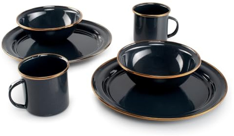 GSI Outdoors Mesa 2-Person Enamelware Dining Set 6-Pieces – Shadow with Bronze-Finished Stainless Steel Rim, Dishwasher Safe