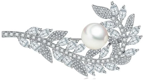 Onefeart Or blanc plaqué Broches Pour les femmes filles ovale Zircone cubique Feuille Corsage Conception 60X29MM Blanc Or