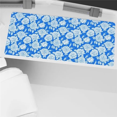 Gaming Mauspad XXL Blaue Rosen Mousepad Groß 600x300x2mm Verlängertes Großes Schreibtischauflage mit rutschfeste Basis und genähte Kante für PC, Laptop