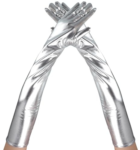 Lange Handschuhe, Silbrig Handschuhe 53CM Lange Handschuhe Damen Feen Handschuhe Handschuhe 20er Jahre Damen für Halloween Cosplay Abend Party