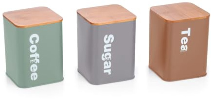 Trendi Tea Coffee Sugar Storage Set – Kitchen Storage Containers | 3pc Airtight Canister Set with Bamboo Lids | Storage Jars for Tea, Coffee & Sugar (Multi-Colour)