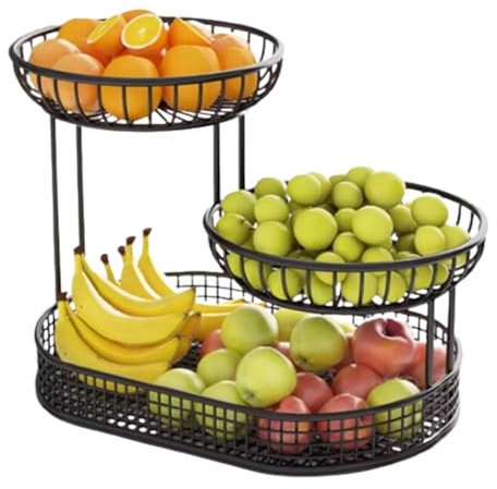 Three Tier Fruit Basket for Kitchen Wire Fruit Bowl Removable Fruit and Vegetable Organizer Basket Stand for Countertop Dining Table(Black 36cm)