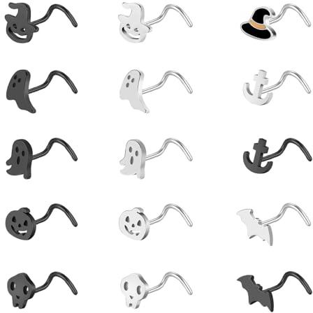 ZS 15Pcs Stainless Steel Black Corkscrew Nose Stud, 20G Halloween Corkscrew Nose Rings Studs, L-shaped Nose Rings Ghost Skull Bat Nose Piercing Jewelry for Women Men