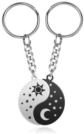 TJUSPIRIT Paar Schlüsselanhänger mit Gravur Sonne Sternen Mond Anhänger | aus Edelstahl Pärchen Partner Freundschaft Schlüsselanhänger für Liebhaber Best friends