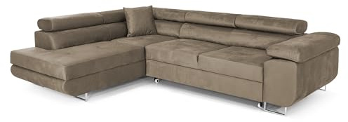 COMFORTINO FURNITURE Ecksofa mit Schlaffunktion PASTI L-Form, Sofa Couch mit Bettkasten, 3-Sitzer Eckcouch, Schlafsofa für Wohnzimmer, Big Sofa Couch mit Schlaffunktion (Hellbraun, Ottomane Links)