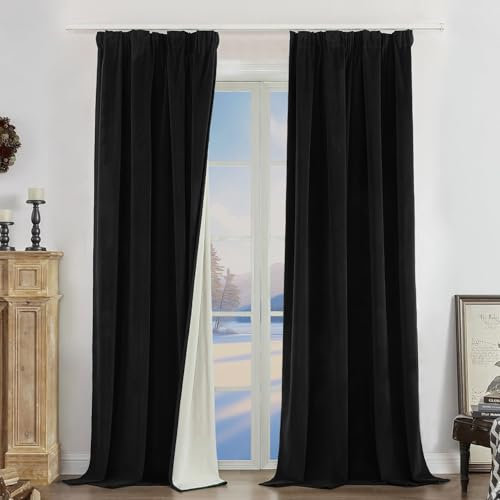 Joydeco 100% Blickdicht Samt Vorhänge mit Kräuselband 2 er Set H 245 x B 132 Schwarz Schienensystem Schiebevorhang Verdunkelung Thermovorhang Kälteschutz Gardinen Schlafzimmer Wohnzimmer Curtains