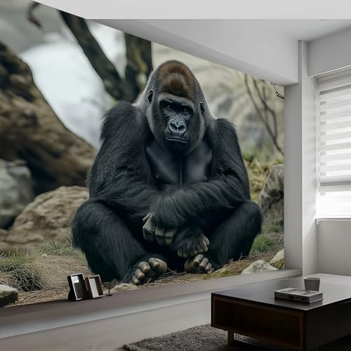Art Papier Peint Intissé Gorille Animal De La Nature 400 x 280 cm Muraux Tapisserie Photo Décoration Murale, Papier Peint Salon Chambre Bureau Couloir Peinture Murale Déco, Noir