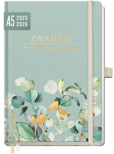 Häfft® Wochen-Notiz-Kalender 2025/2026 A5 - Buchkalender für 18 Monate: Jul 25 - Dez 26 Minty Leaves - Hardcover mit Folienprägung- nachhaltig & klimafreundlich