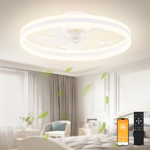 VOLISUN Ceiling Fans with Lights Remote Control, 6 Speeds and Dimmable Modern Smart Ceiling Fan Light, Quiet LED Fan Lights for Bedroom Living Room Dining Room (60cm, White)