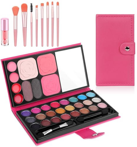 Kinderschminke Set Mädchen, 33 Farben Schminksets für Mädchen mit 8 Pinsel und 1 Lippenstift Waschbarer Kinderschminke Make up Set für Kinder für Bühne, Party, Geburtstag (Rosarot)