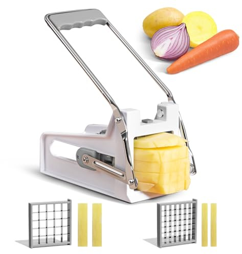 ANJUKE French Fry Cutter with 2 Stainless Steel Blades | Potato Cutter for Slicing Potatoes, Carrots, Cucumbers & Onions | Non-Slip Base, Durable Plastic Design | Grey & White Kitchen Gadget