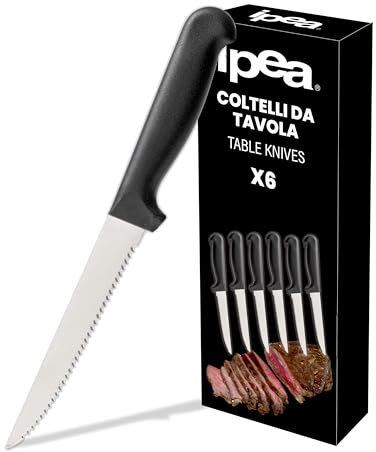 IPEA Coltelli da Tavola per Bistecca e Carne - Set da 6 - Coltello Affilati con Lama Seghettatata in Acciaio Inox per Tagliare Carne e Alimenti a Pranzo e Cena - Posate - Coltelli per Casa e Cucina