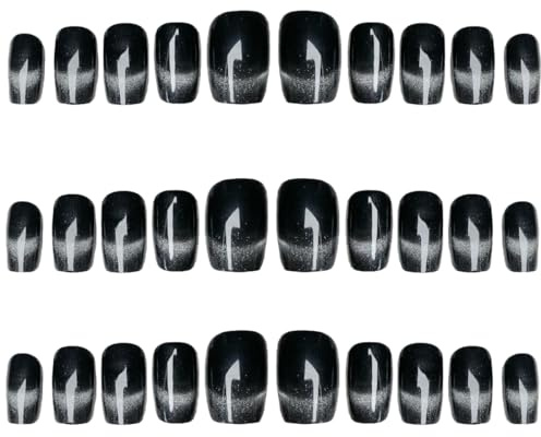 NHQZ 30 Cat Eye unghie finte di forma ovale Con la colla, nero Press on Nails unghie corte quadrate finte glitter unghie finte,Lampo nero, da donna