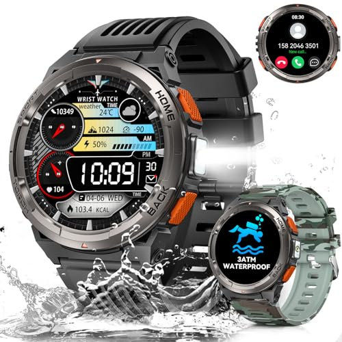 Reloj Inteligente Hombre con LED Linterna, 1,45'' 3ATM Impermeable Smartwatch Militar Hombre con Llamadas Bluetooth, Brújula, Altitud, Barómetro, Fitness Tracker con SpO2/Pulsómetro/para iOS Android