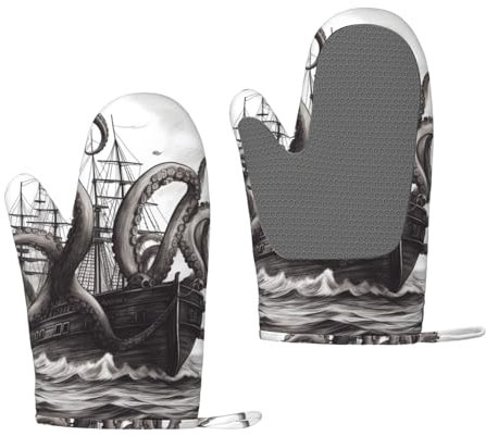 Ofenhandschuhe Octopus und Schiff, 2 Stück, hitzebeständige Silikon-Ofenhandschuhe mit weichem Futter, rutschfest, Küche, Kochhandschuh, lang, wasserdicht, Topflappen, Küchenutensilien, Schwarz und