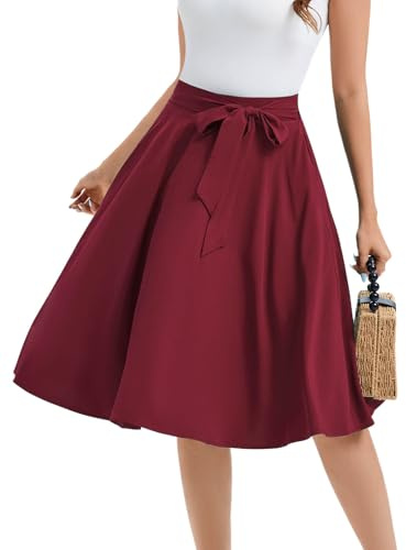 Bbonlinedress Dam vintage sommar vardaglig A-linje midikjol elastisk bred midja utsvängd kjol med bälte, Vinröd, XL