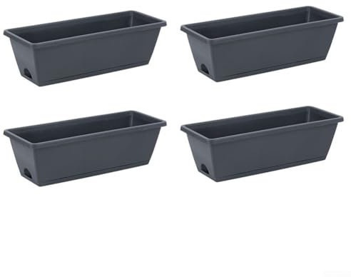 Yhenlovtt Set di 4 fioriere rettangolari in plastica da 4-42 cm, con fori di drenaggio e vassoio, per giardino, balcone, davanzale (grigio scuro)