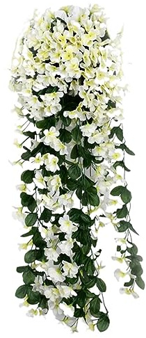 Artificial Orchids Hanging Wall Hanging Purple Garland Wisteria Basket Artificial Flowers Wooden Flowers Room Plants Evergreen (White, One Size)