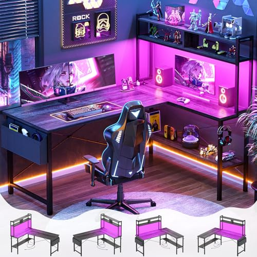 Aheaplus L Shaped Desk Gaming Desk, 59 L Shaped Computer Desk with LED Light & Power Outlet, Reversible Home Office Desk Gamer Desks with Shelves & Storage Bag & Hooks, Corner PC Desk, Black Oak