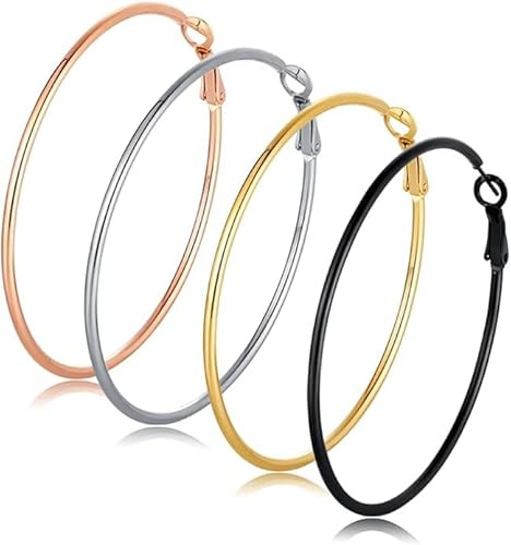 Lot de 4 Paires de Boucles D'oreilles pour Femme - 316L Acier Inoxydable Grandes Boucles D'oreilles Créoles Hypoallergénique Plaqué Or 14K Argent/Or/Or Rose/Noir (70mm)