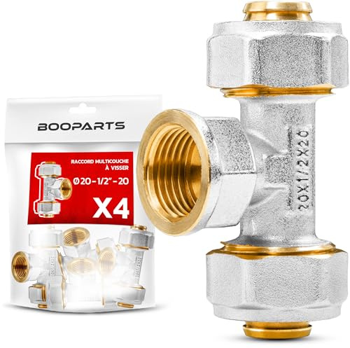 BOOPARTS – 4 st – Skruv-T-koppling med invändig gänga Ø20 mm – 1/2 – Ø20 mm | Multilager T-koppling | Robust mässing för PEX, PER och kompositrör