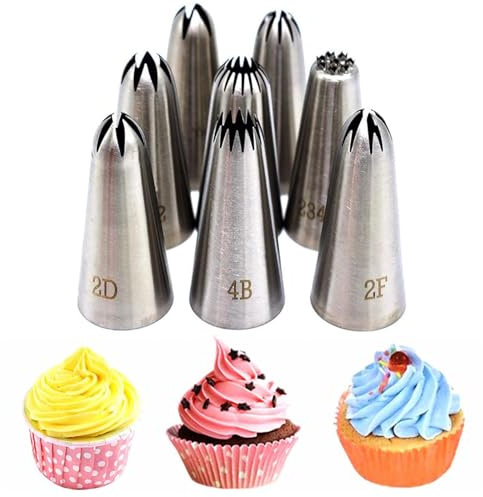 RLMVGBX 8 Pack Large Seamless Stainless Steel Piping Tips, Icing Nozzles Set with Storage Box, Cake Decorating Tools for Bakers Beginners