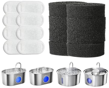 Invengo Pack de 16-8 Filtres + 8 Éponges de Remplacement pour Fontaine à Eau pour Chats. Filtres en Coton PP et Charbon Actif Coquille de Noix de Coco pour Distributeur d’Eau pour Animaux