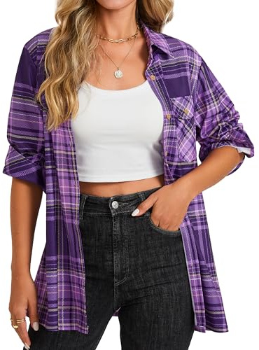 Enmain Camicia Quadri Donna Morbido Blusa Maniche Lunghe Camicetta Scozzese Casual Button Down Shirts