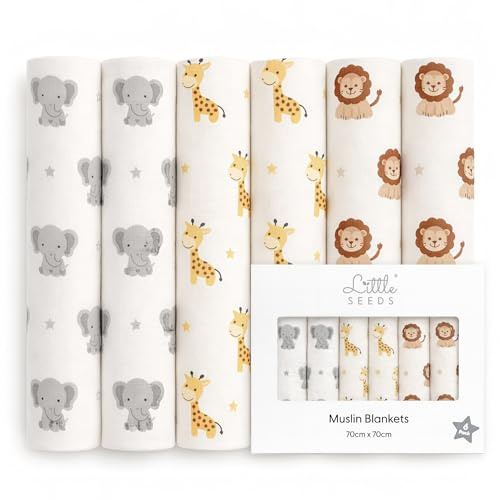 Little Seeds Baby Muslin Cloths 70 x 70cm, 6 Pack | Soft & Absorbent Muslin Squares & Burp Cloths for Newborns | Breathable Baby Cloths - ANIMALS