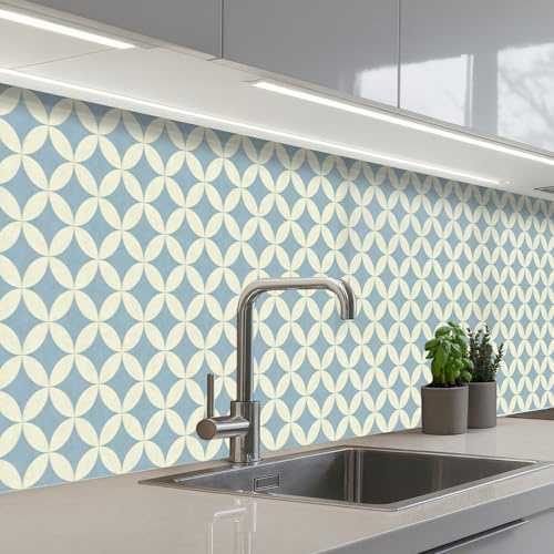 KitchenYeah© Splashback for kitchen 32x158 / 80x400 cm self-adhesive Sink Splash Splatter Guard Splashbacks Walls Geometric - Flower - Motif - Blue