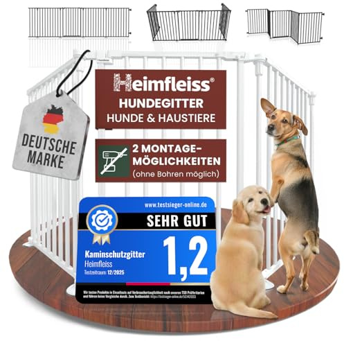 Heimfleiss® Hundegitter Wohnung Weiß | Absperrgitter Hund & Welpengitter Stahl | 308cm Hundeschutzgitter & Tierschutzgitter | Faltbare Hunde Gitter Absperrung inkl. Saugnäpfen & Wandhalterung