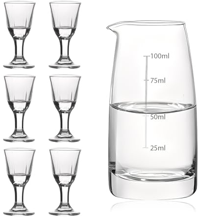 SANDERLA Clear Glass Wine Glass Set with 1 Carafe and 6 Glasses, Featuring White Measurement Markings, Ideal for Spirits and Coffee Drinks