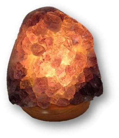Amethyst Kristall Tischlampe, Naturstein Druse mit Buchenholzsockel, Lila Edelstein Leuchte für Meditation, Entspannung und Dekoration L-248