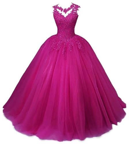 HAIBFJIN Vestidos de noche largos de tul vestidos de quinceañera de encaje apliques vestido de fiesta formales vestidos de noche para adolescentes, fucsia, 50