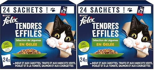 FELIX | Tendres Effilés | Chat Adulte | en Gelée | Recette 100% Complète et Equilibrée | Sélection Mixte aux Légumes : au Saumon, Truite, Bœuf et Poulet | Sachets Fraîcheurs | 24 x 85g (Lot de 2)